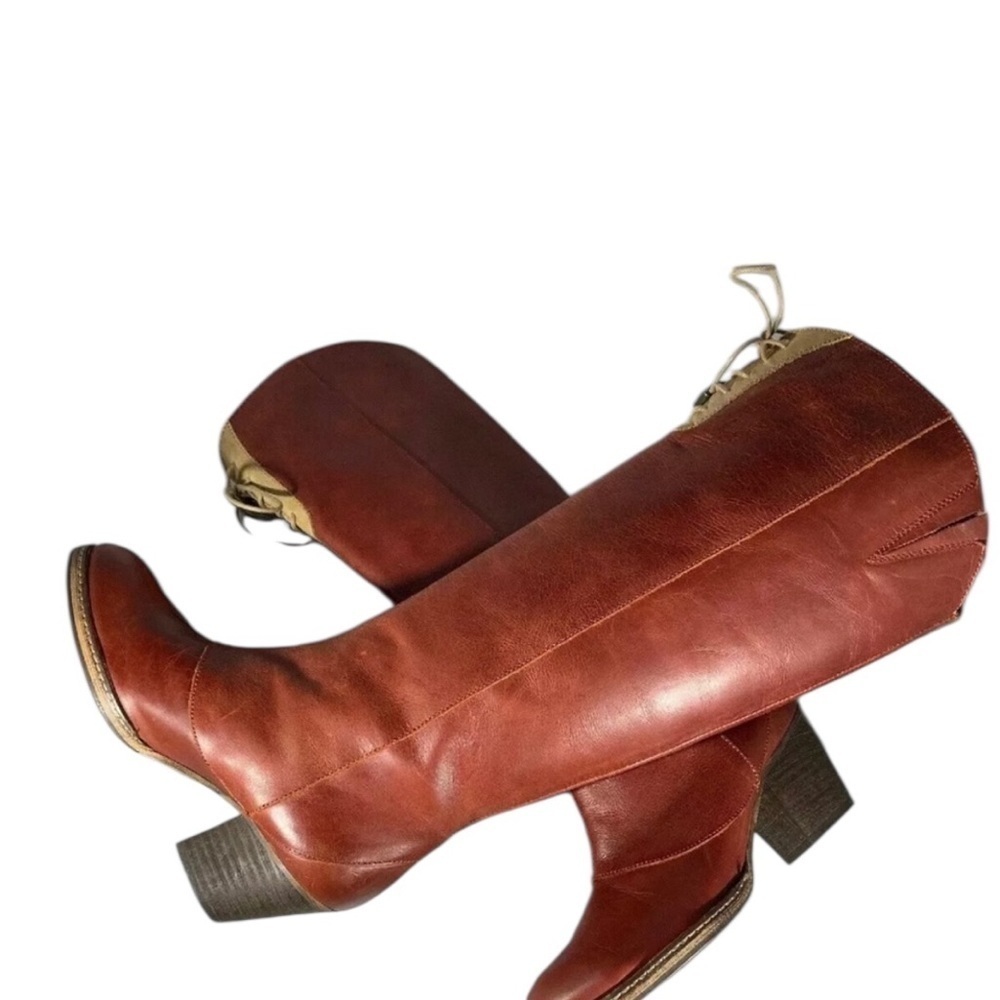 Anthropologie Holding Horses red leather high knee boots front tie sz 39 - Picture 8 of 11